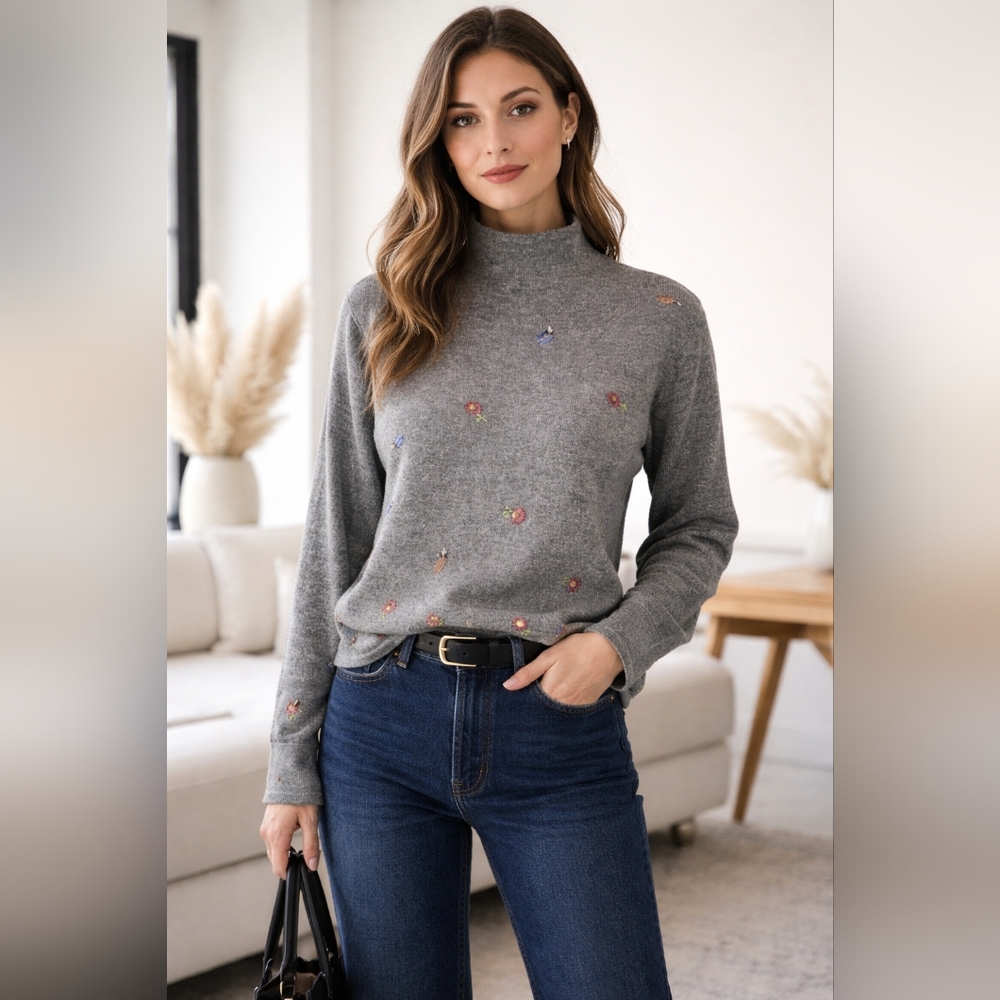 Swan Works Silk Cashmere Embroidered Mock Neck Sweater Vintage Floral Sz OS